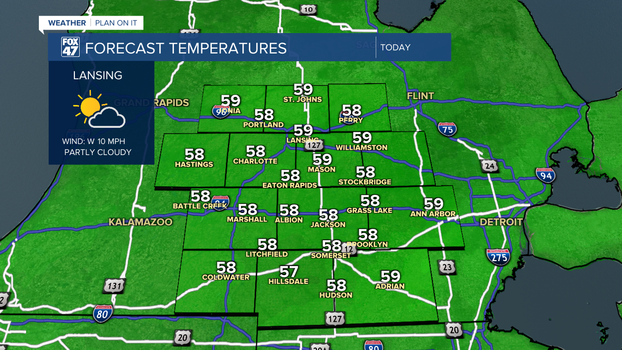 Highs today a bit warmer across Mid-Michigan in the upper 50's with winds oriented out of the south
