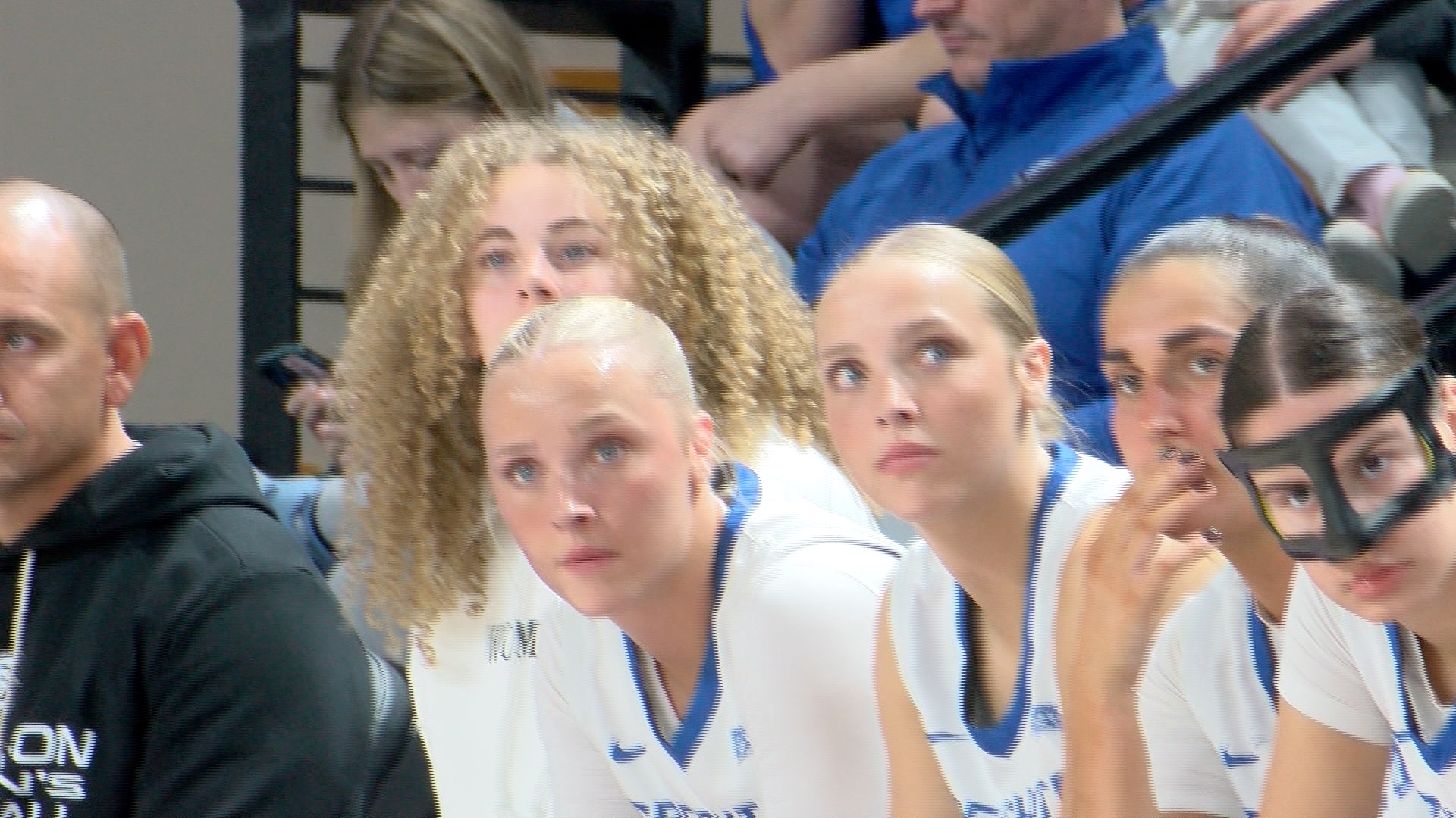 Norah and Neleigh Gessert on the bench for Creighton during an exhibition game against Missouri Western in October 2025