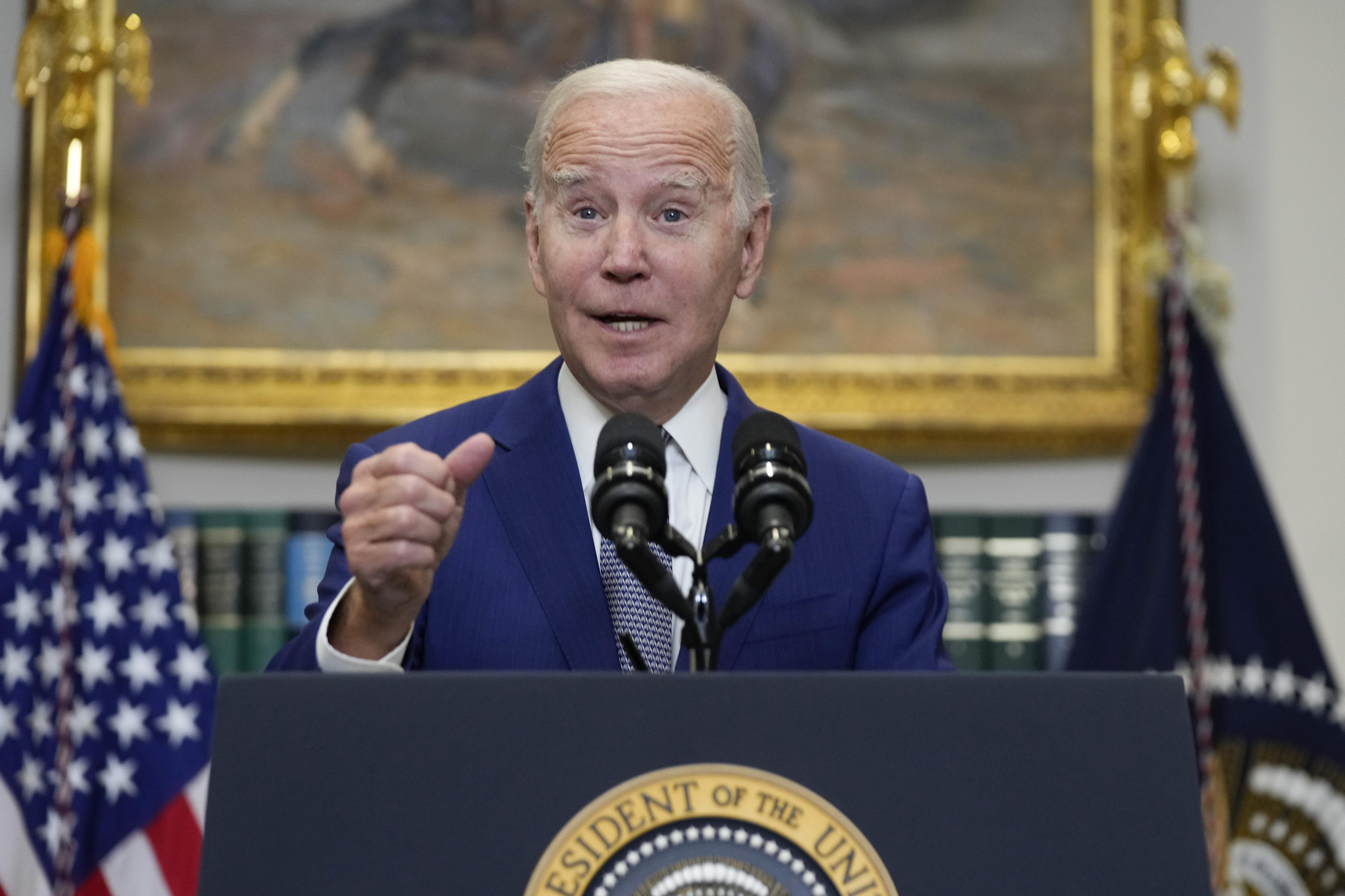 President Joe Biden speaks in the Roosevelt Room of the White House, Sunday, Oct. 1, 2023, in Washington. (AP Photo/Manuel Balce Ceneta)