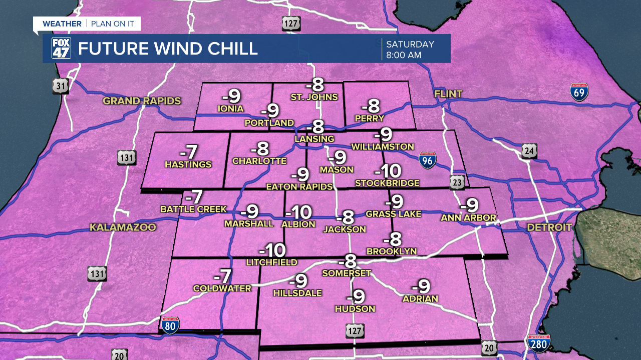 Wind chills expected to be a bit warmer Saturday morning as cold as ten below zero