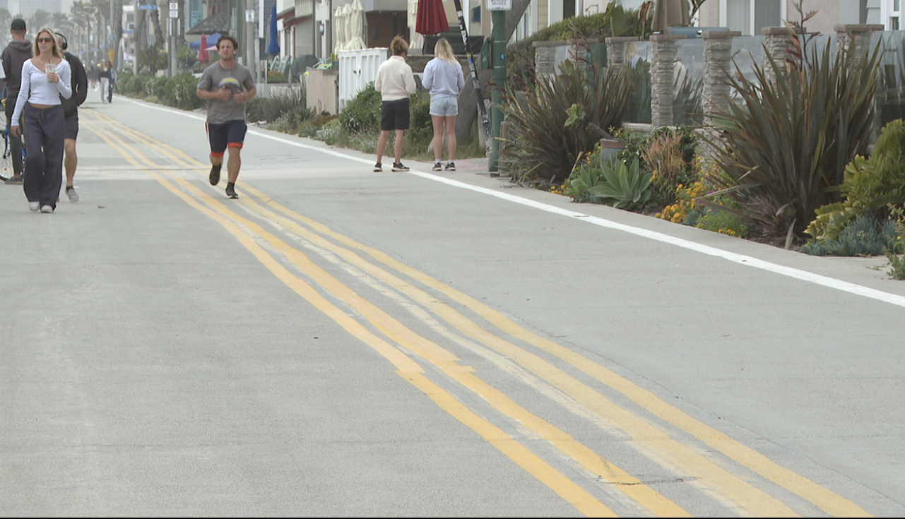 Remnants of wonky lines on the Mission Beach boardwalk. 