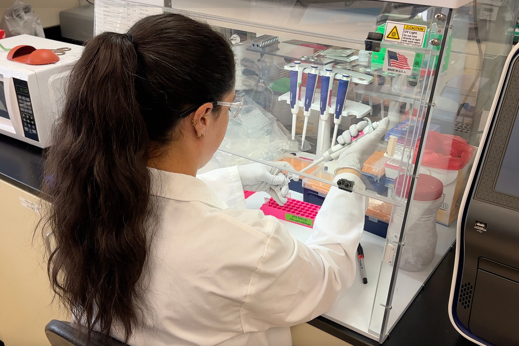 Frannie Twohig, a researcher and doctoral candidate, prepares samples of inactivated material as part of hantavirus research at the Center for Global Health at the University of New Mexico Health Sciences Center in Albuquerque, New Mexico, on Monday, May 4, 2026. 