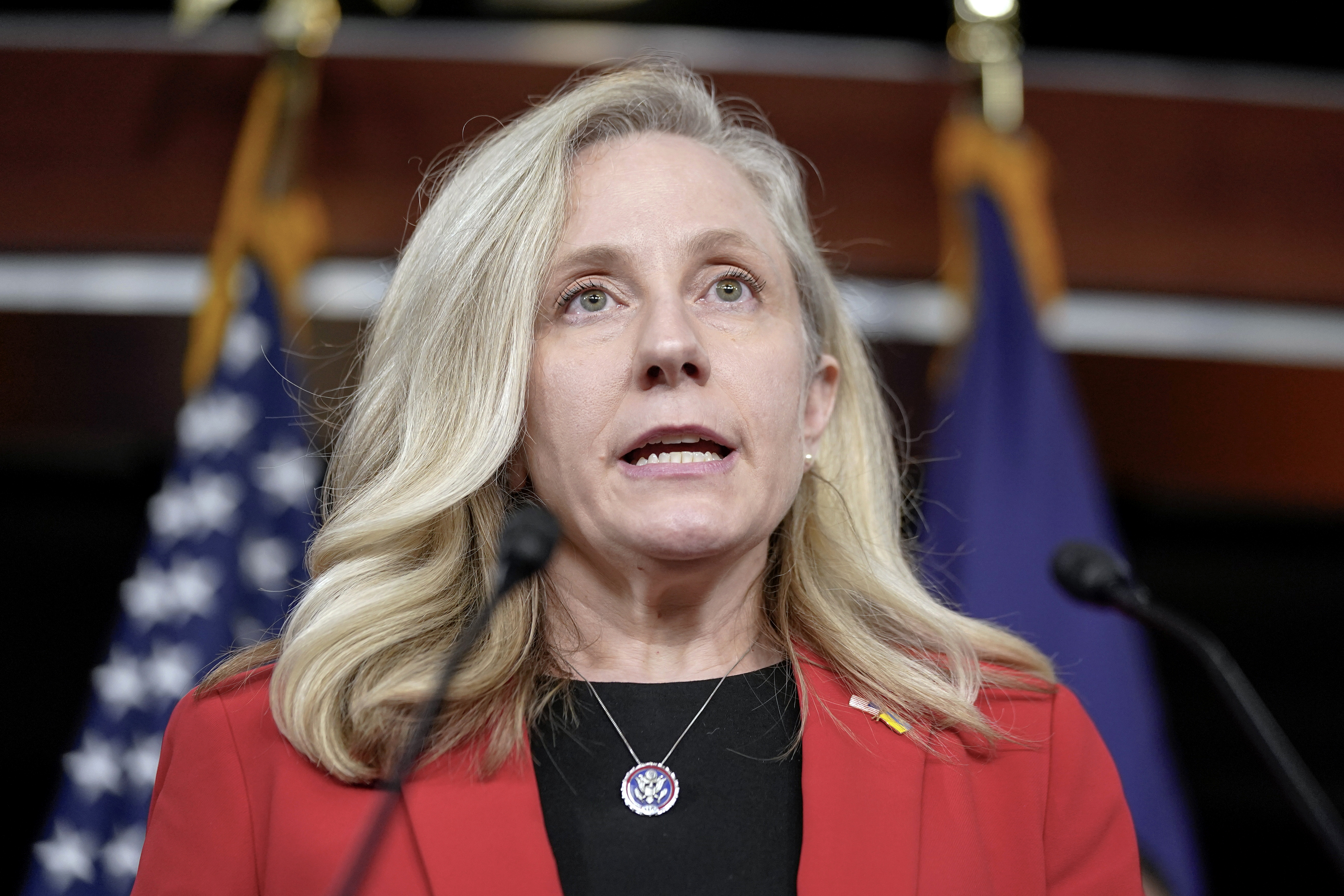 Rep. Abigail Spanberger, D-Va., speaks during a news conference on Capitol Hill, Feb. 13, 2024, in Washington. 