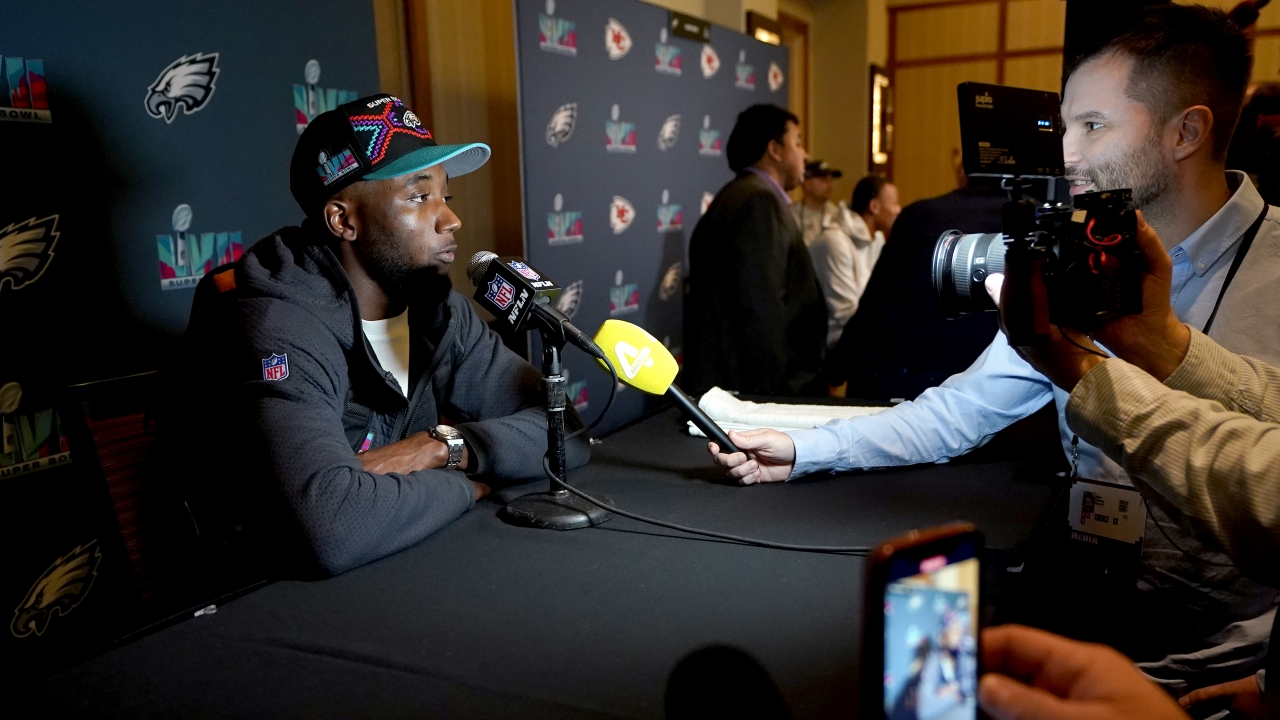 Philadelphia Eagles cornerback James Bradberry speaks during an NFL football Super Bowl team availability