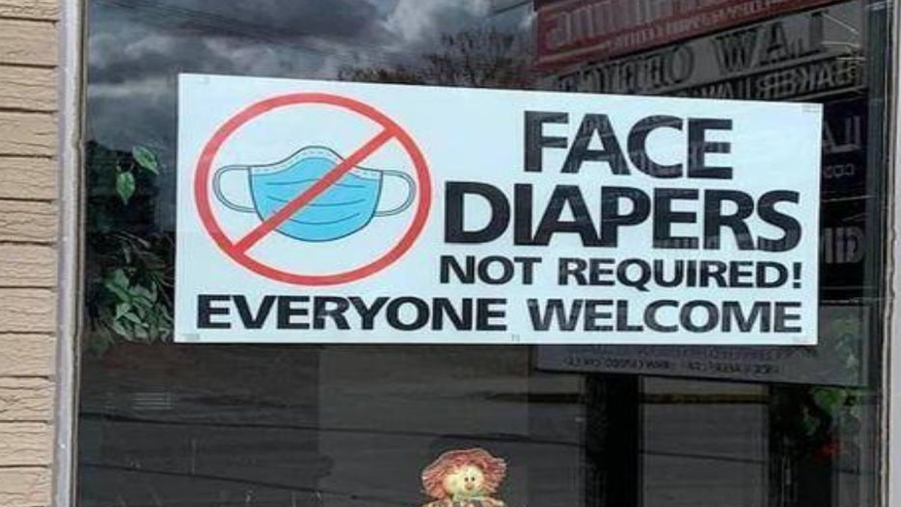 'Face Diapers Not Required! Everyone Welcome' sign at BeckyJack's Food Shack