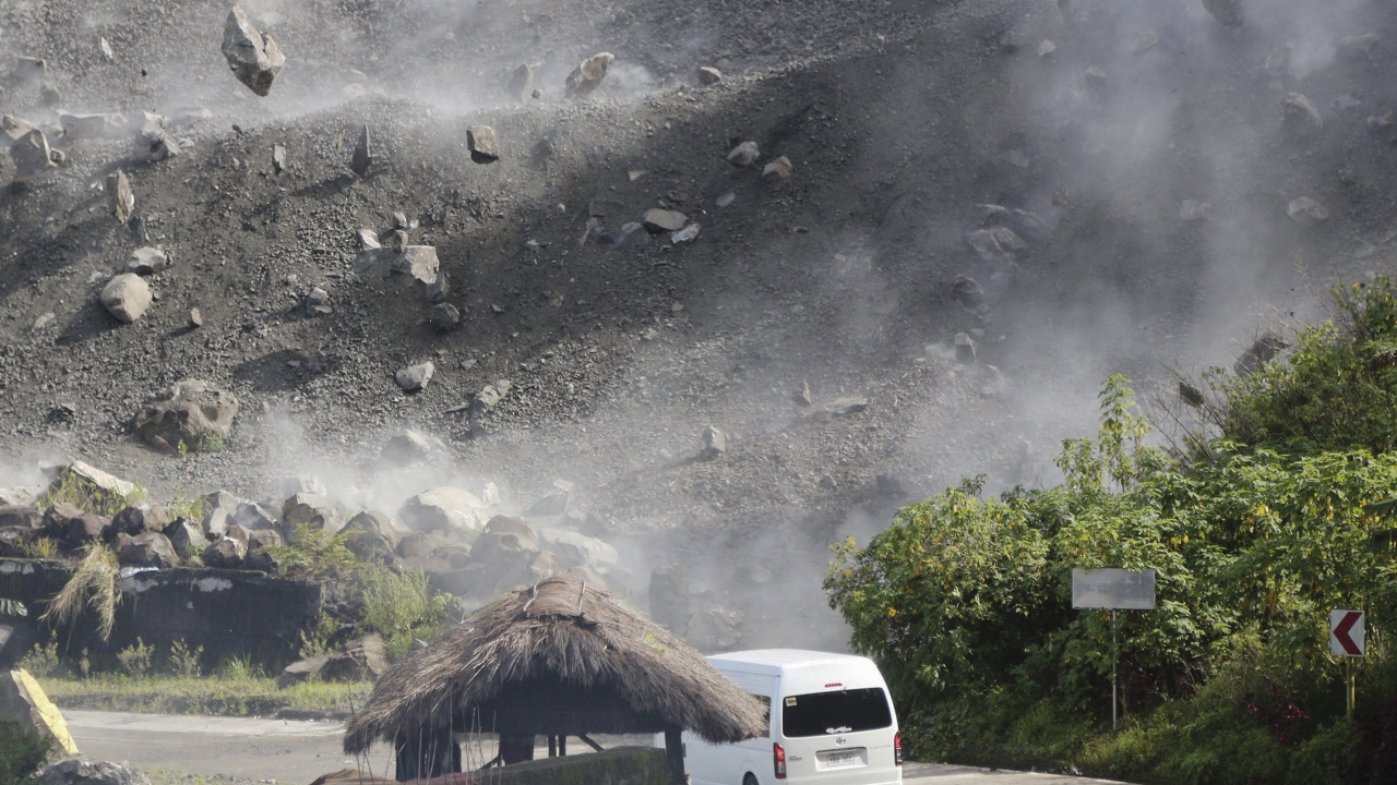 Boulders fall down a hill during an earthquake in the Philippines