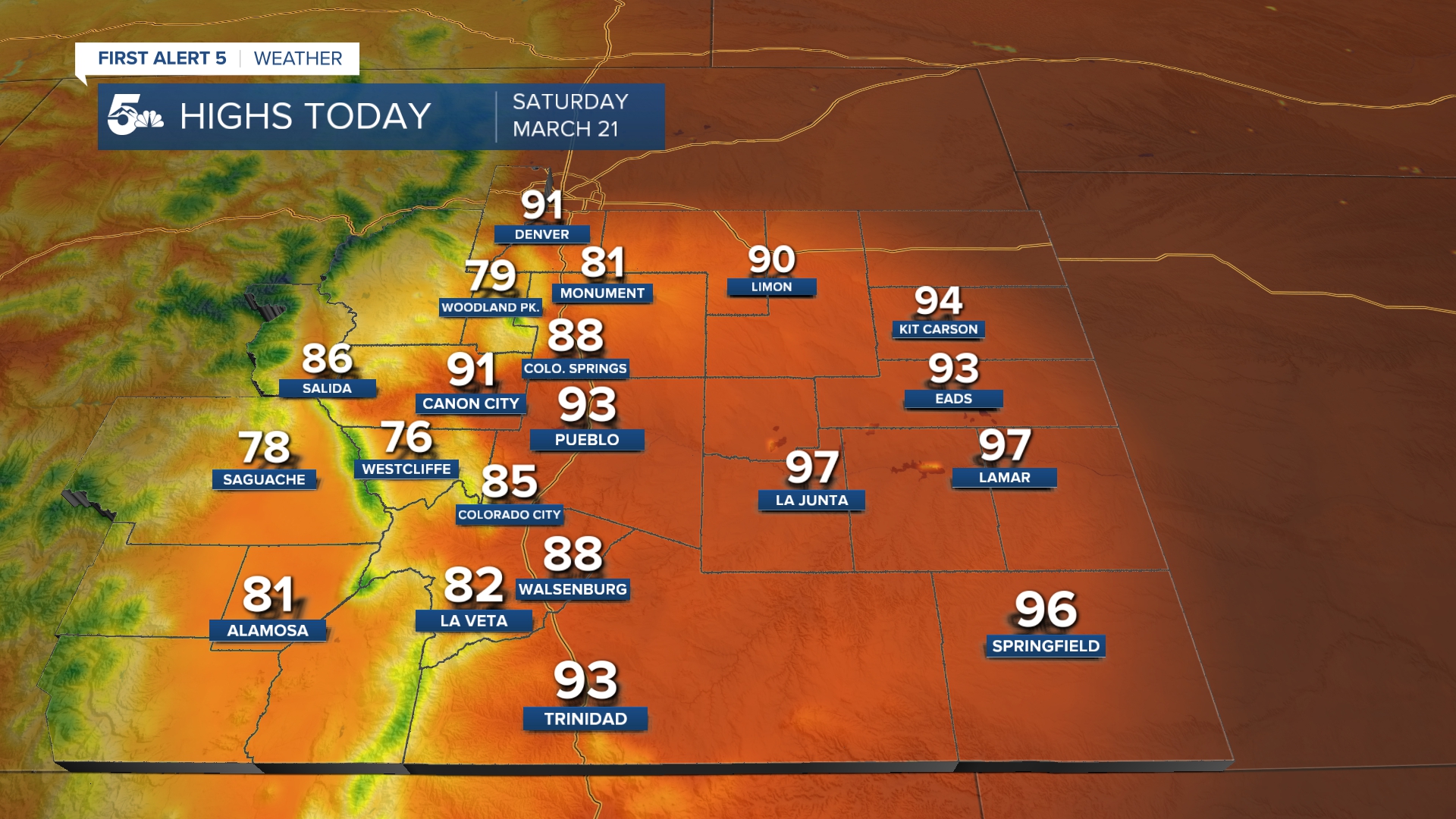 High temperatures in Colorado on Saturday March 21st