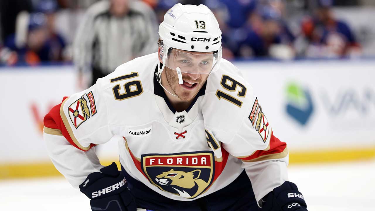 Florida Panthers left wing Matthew Tkachuk (19) skates in the first period of an NHL hockey game against the New York Islanders, Saturday, March 28, 2026, in Elmont, N.Y. 