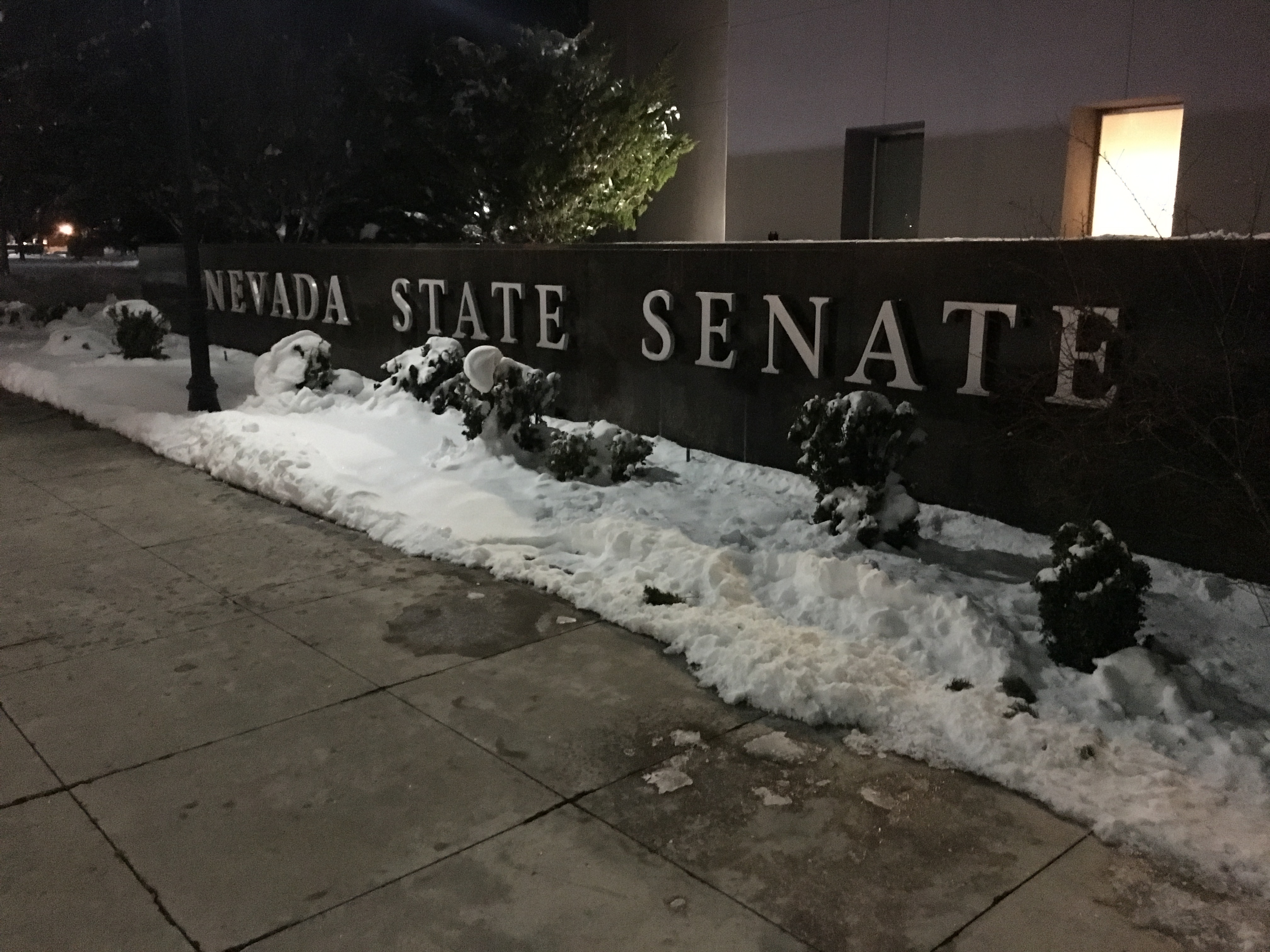 The Nevada Capitol building in Carson City on a cold, snowy February night in 2019