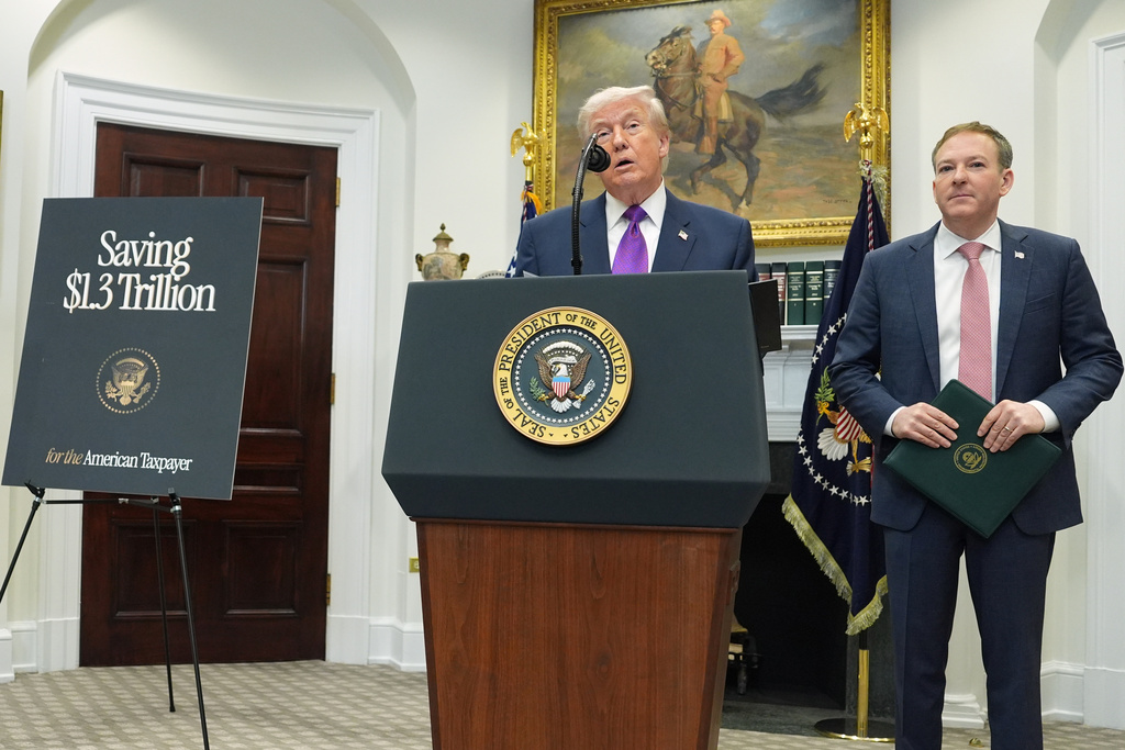 President Donald Trump speaks during an event with Environmental Protection Agency director Lee Zeldin announcing that the EPA will no longer regulate greenhouse gases, in the Roosevelt Room of the White House, Thursday, Feb. 12, 2026, in Washington.