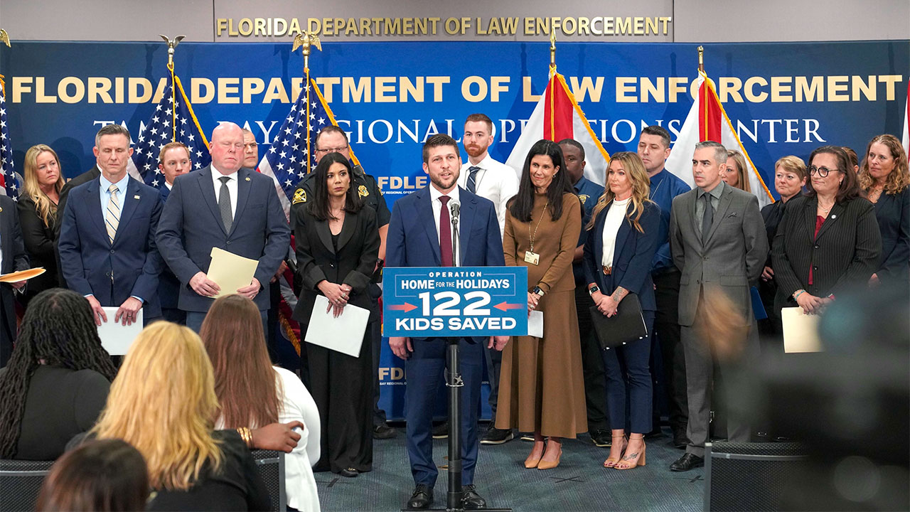 Florida Attorney General James Uthmeier announced on Nov. 17, 2025, in Tampa, Florida, the results of a statewide rescue operation titled "Operation Home for the Holidays."
