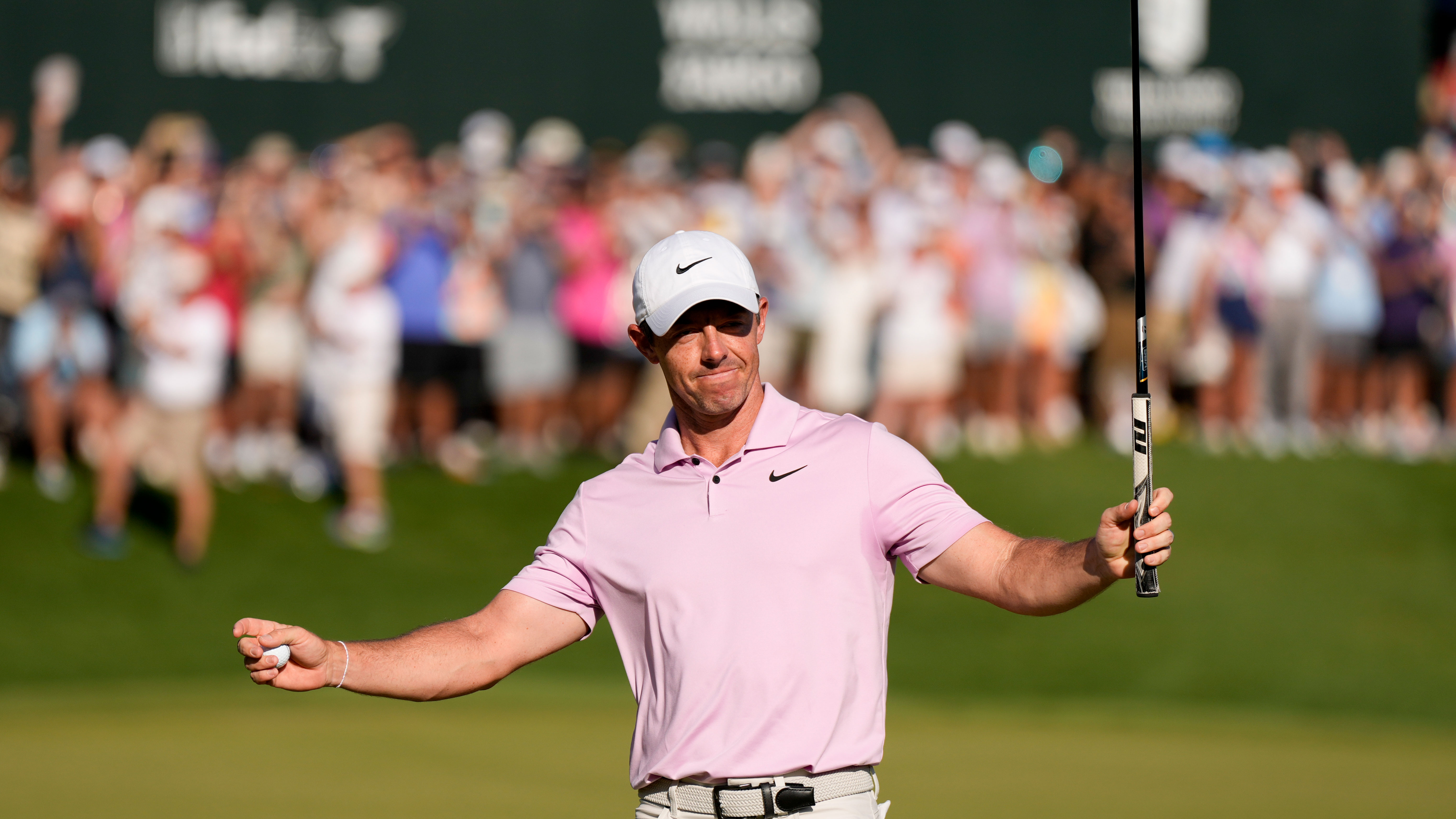 Rory McIlroy, of Northern Ireland, celebrates after winning the Wells Fargo Championship golf tournament at the Quail Hollow Club Sunday, May 12, 2024, in Charlotte, N.C. 