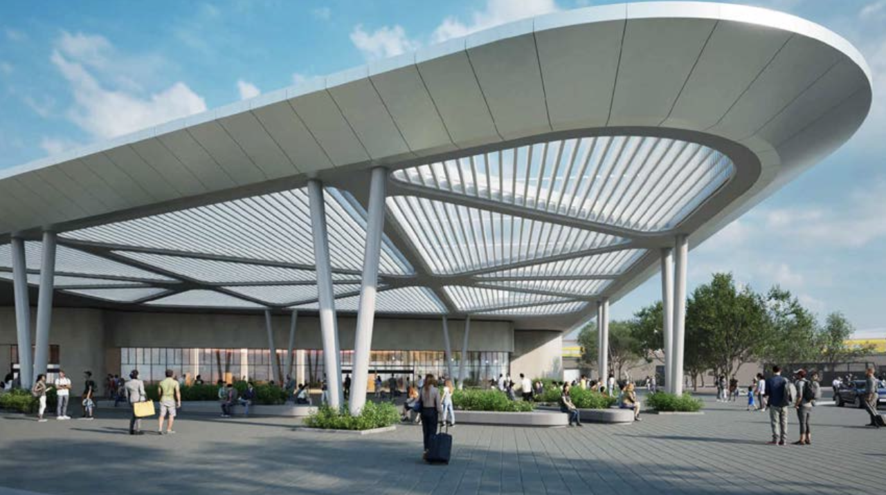 Brightline rendering of the planned Brightline West Las Vegas station on South Las Vegas Boulevard near the Blue Diamond exit