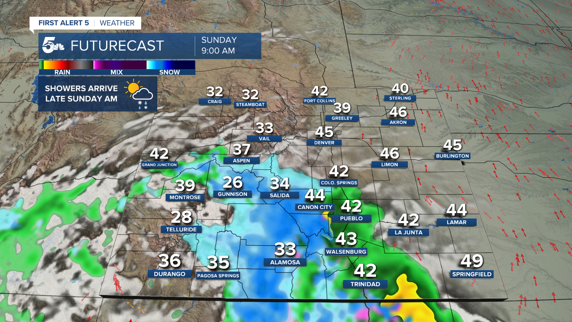 Rain and snow showers arriving in Colorado on Sunday, November 22nd, 2025