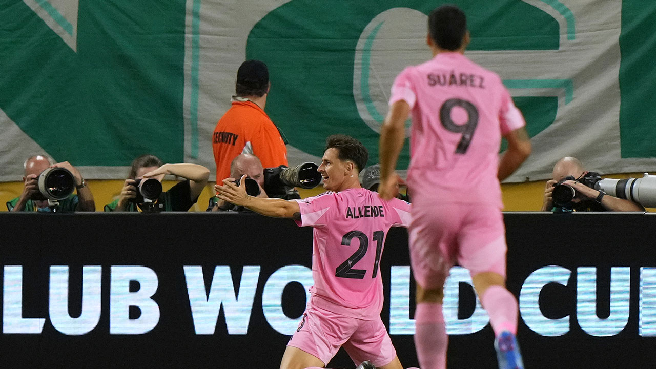 Inter Miami's Tadeo Allende celebrates after scoring the opening goal against Palmeiras during the Club World Cup Group A soccer match between Inter Miami and Palmeiras in Miami Gardens, Fla., Monday, June 23, 2025.