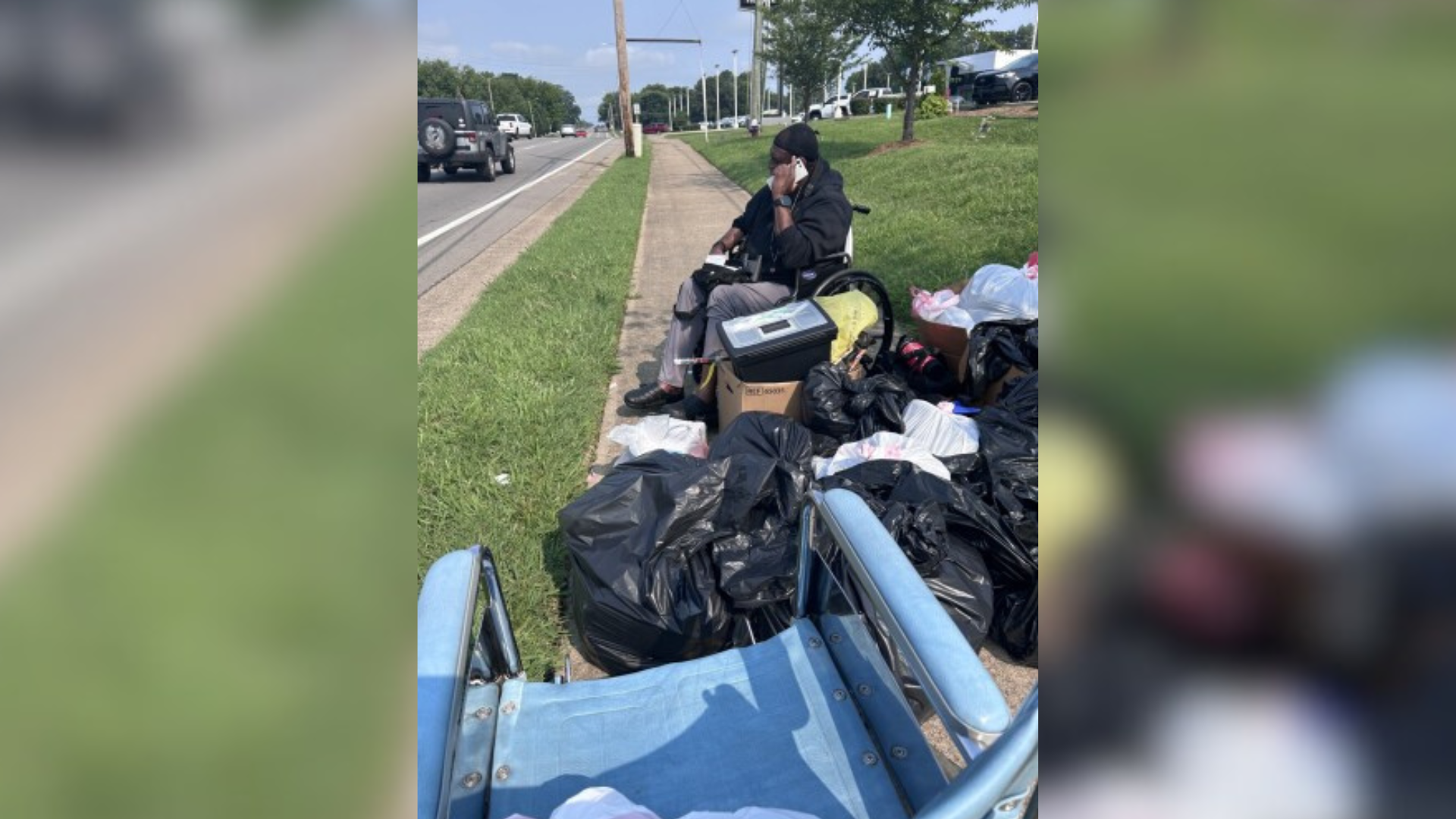 Former Waters of Springfield nursing home patient Johnny Easley in his wheelchair on the side of the road in Springfield