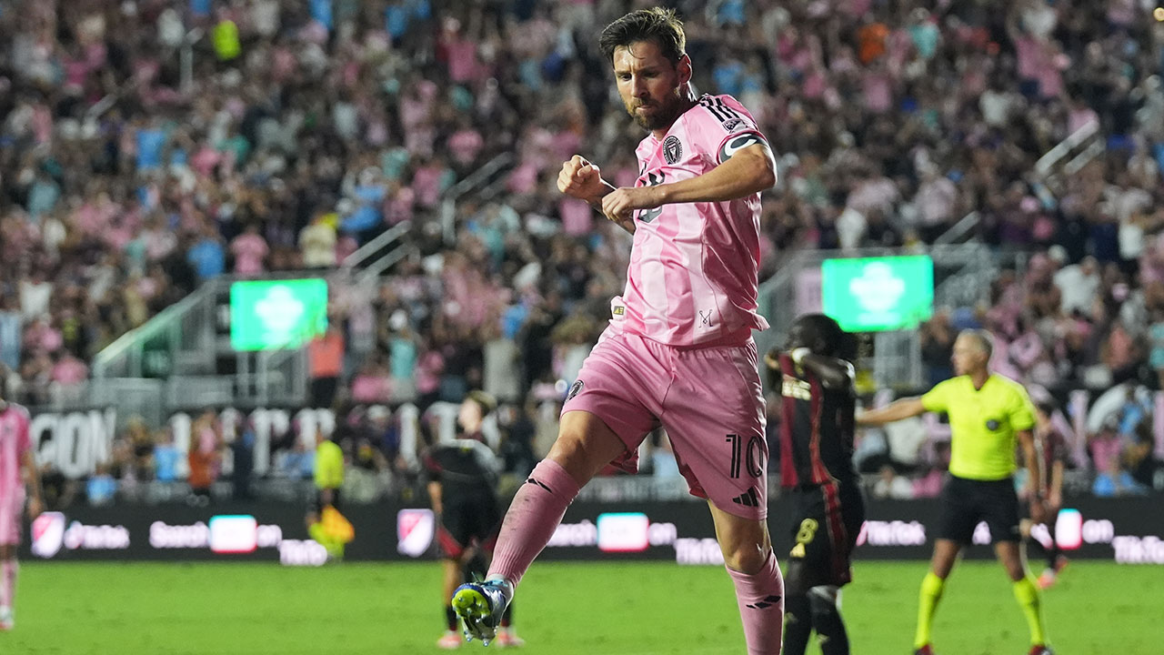 Inter Miami forward Lionel Messi reacts after scoring a goal during the first half of an MLS soccer match against Atlanta United, Saturday, Oct. 11, 2025, in Fort Lauderdale, Fla.