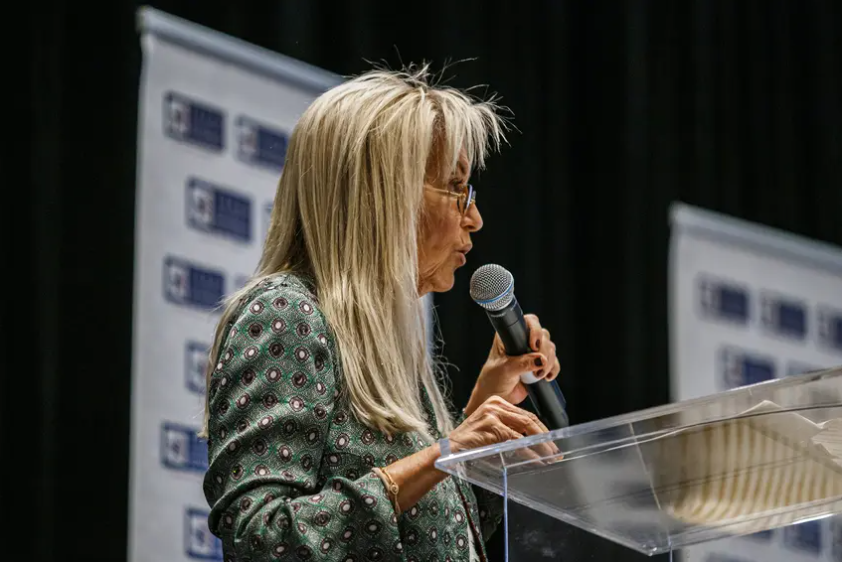 Miriam Adelson delivers a keynote speech at the Texas Association of Business Policy Conference on Dec. 7, 2023, in Austin. 