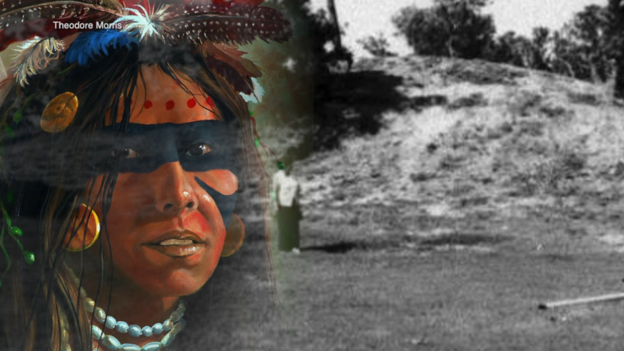 Illustration of Tocbaga Indian with historic photo of Pillsbury Mound courtesy Theodore Morris.png