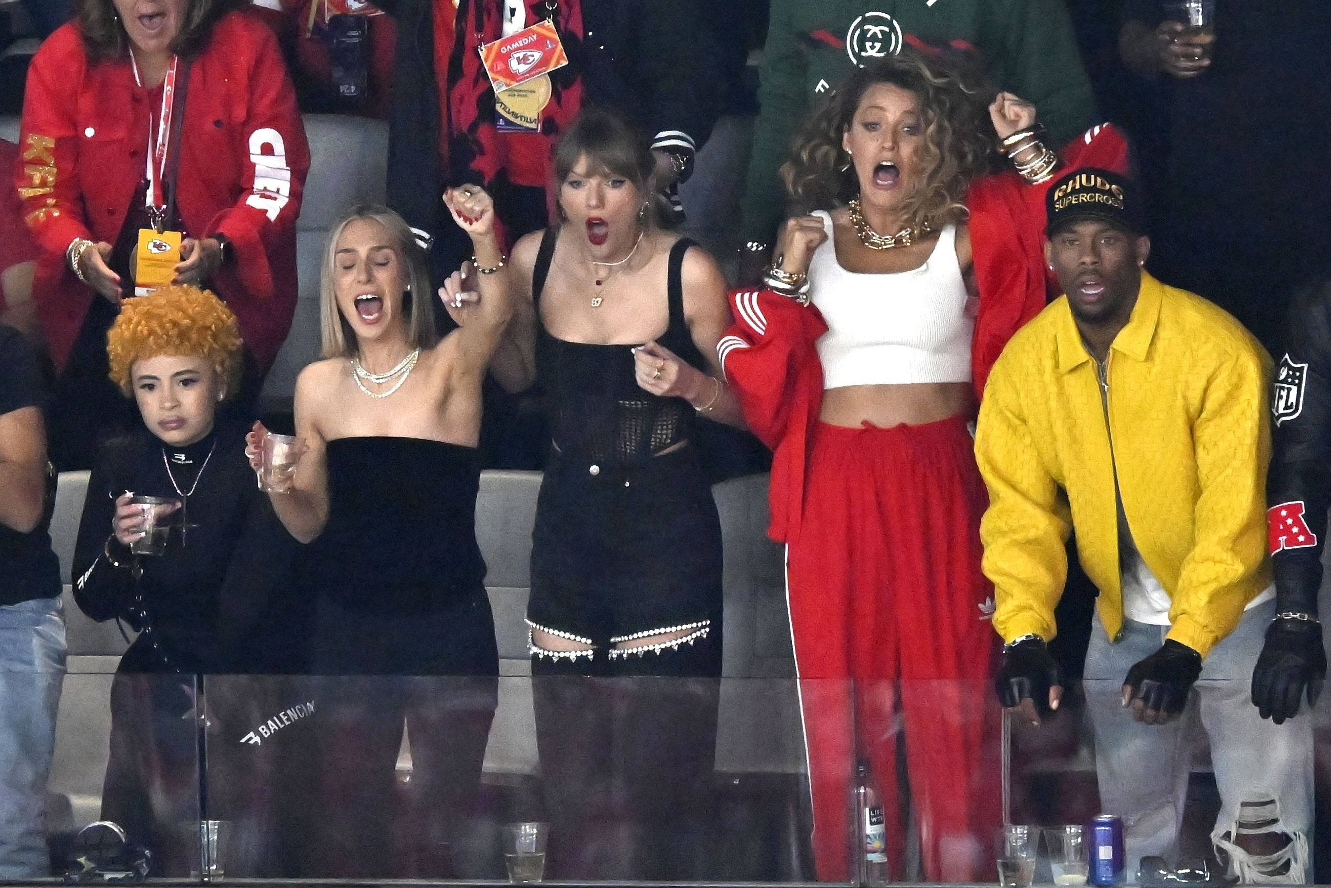 Ice Spice, Ashley Avignone, Taylor Swift and Blake Lively react during first half of Super Bowl LVIII, Feb. 11, 2024 