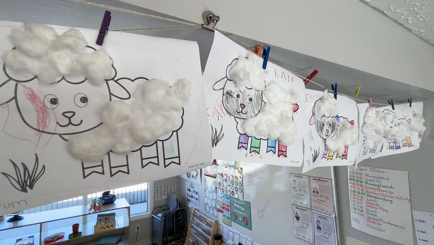 Four craft project of sheep made from cotton balls are seen in Acton Academy on Wednesday, Feb. 26, 2025