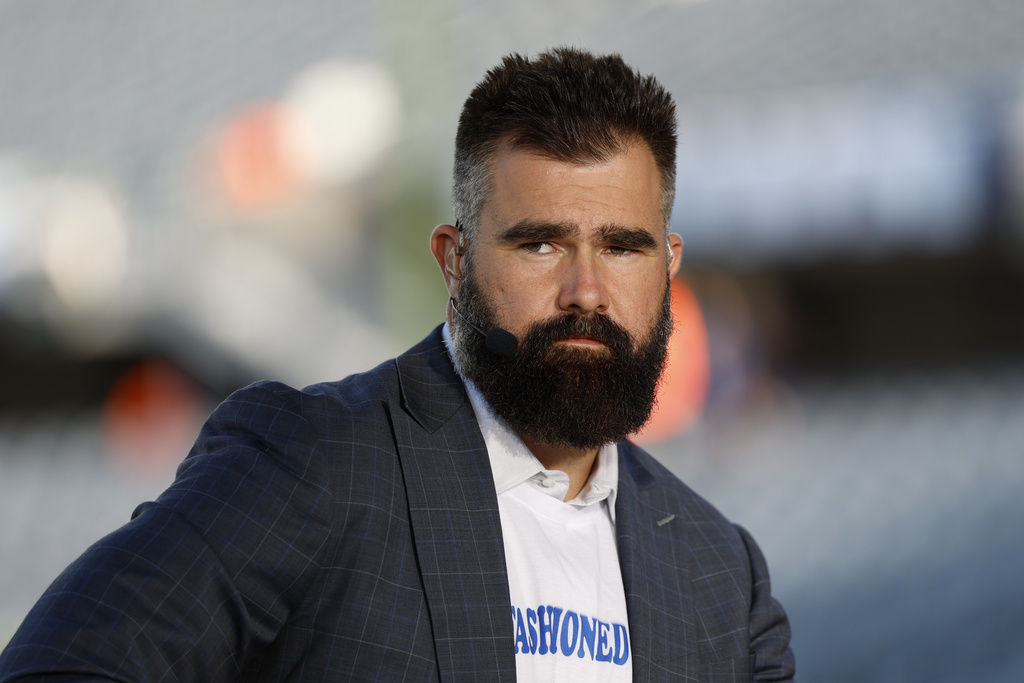ESPN analyst Jason Kelce on set prior to an NFL football game between the Chicago Bears and Minnesota Vikings, Monday, Sept. 8, 2025, in Chicago.