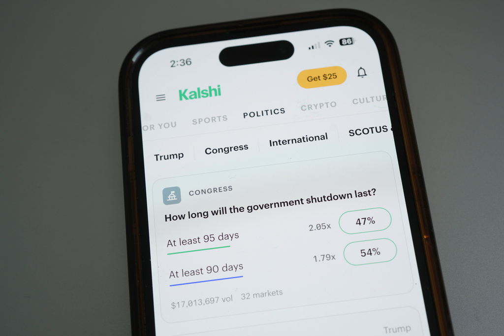 The prediction market app Kalshi is displayed on a mobile phone Thursday, April 16, 2026, in Chicago.