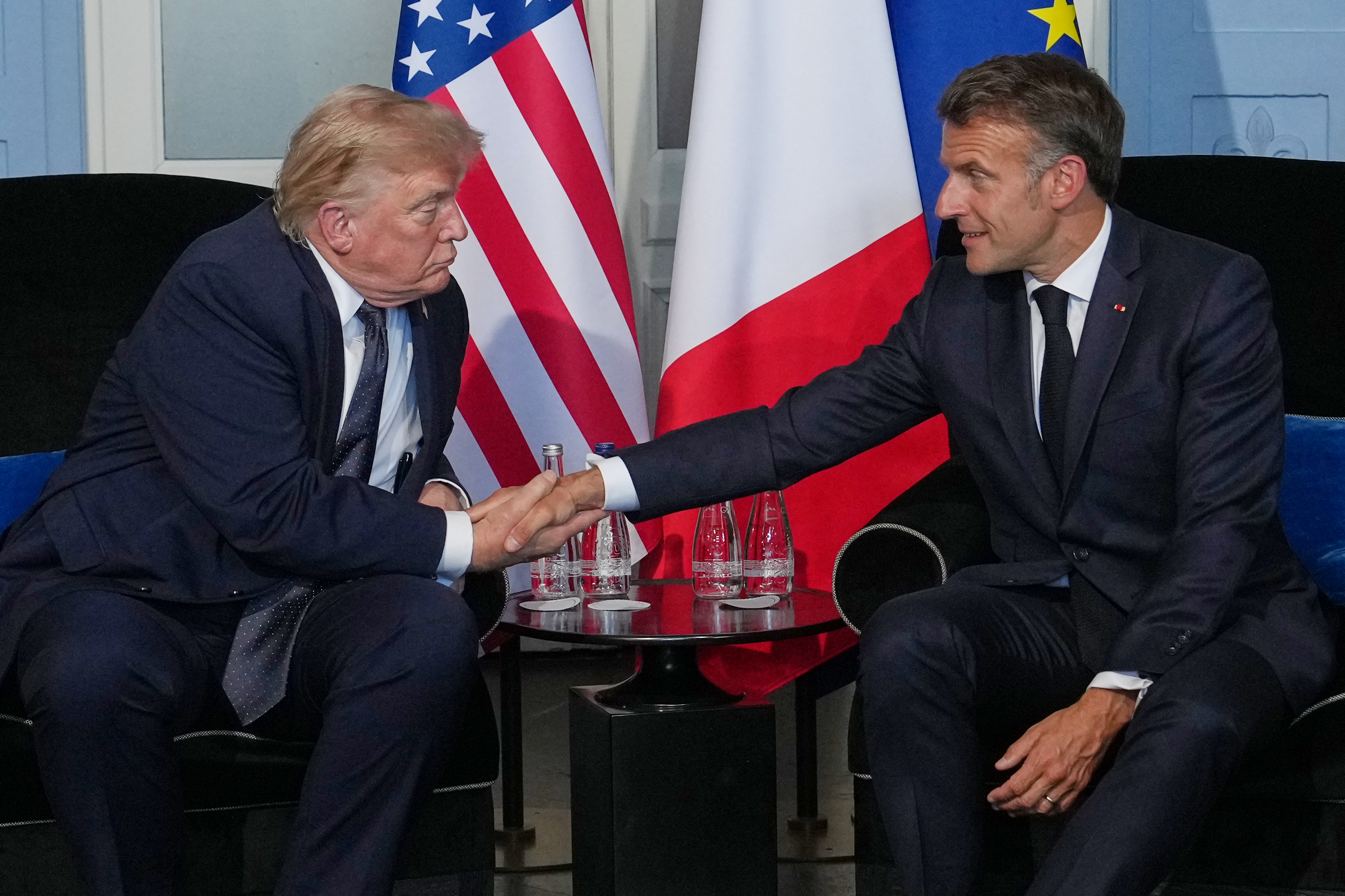 President Donald Trump meets with French President Emmanuel Macron during a bilateral meeting on the sidelines of the G7 summit, Monday, June 15, 2026, in Evian-les-Bains, France.