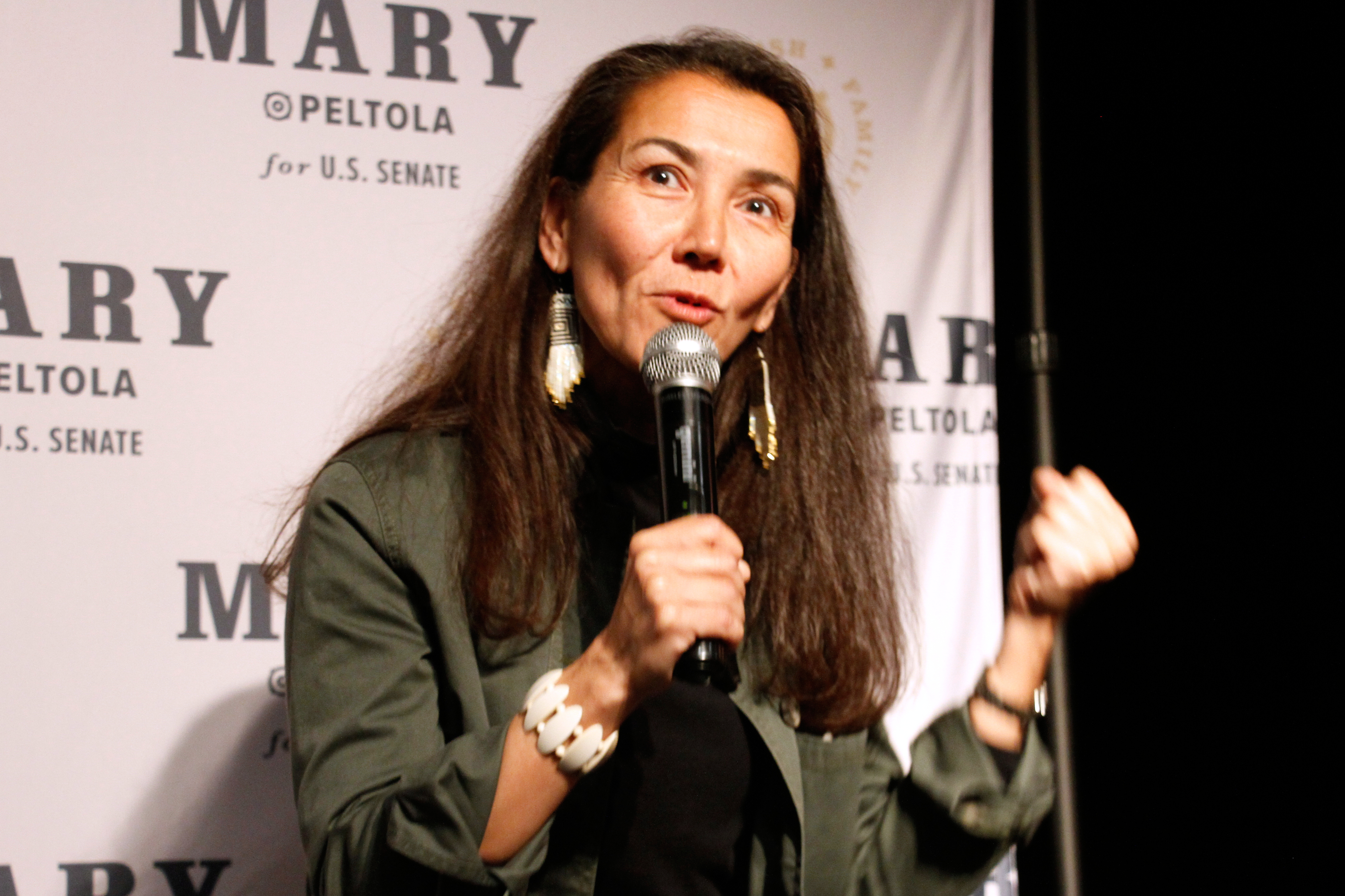 FILE - Mary Peltola, a Democrat running for the U.S. Senate seat in Alaska, addresses supporters at an election watch party on Aug. 18, 2026, in Anchorage, Alaska. 