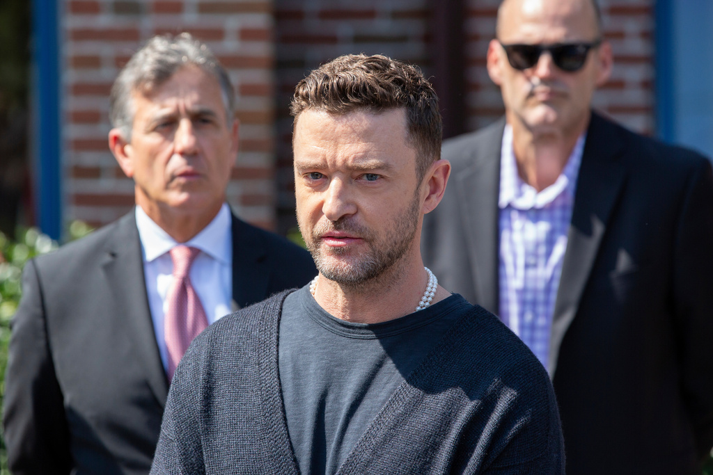 Justin Timberlake urges drivers not to get behind the wheel after even a single alcoholic drink in Sag Harbor, New York, Sept. 13, 2024, as part of his sentence for driving while impaired. 