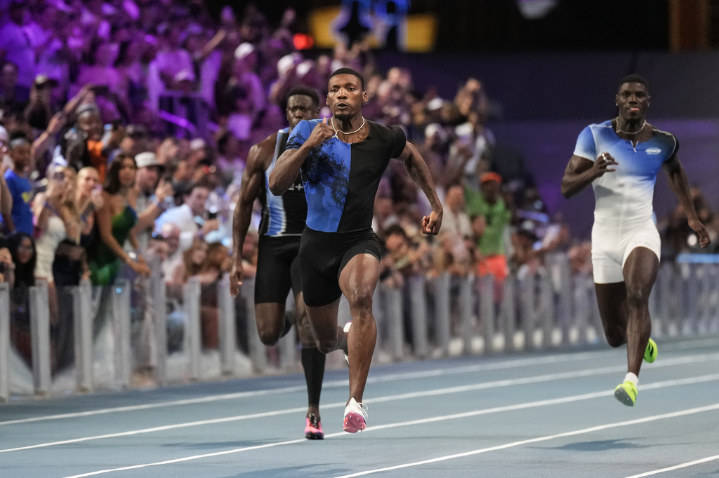 Fred Kerley, of the United States, competes in the men's 100-meter final at the Enhanced Games in Las Vegas, Sunday, May 24, 2026.