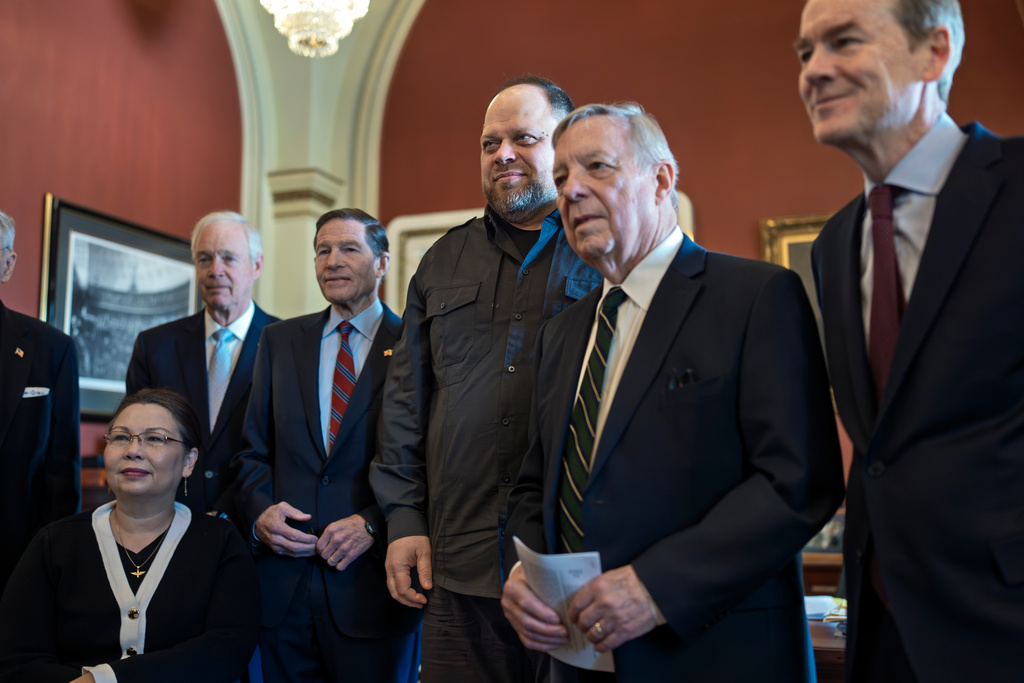 Speaker of the Ukraine Parliament Ruslan Stefanchuk, center, meets with Senate Minority Whip Dick Durbin, D-Ill., center right, and a bipartisan group of senators, at the Capitol in Washington, Thursday, Feb. 5, 2026. 