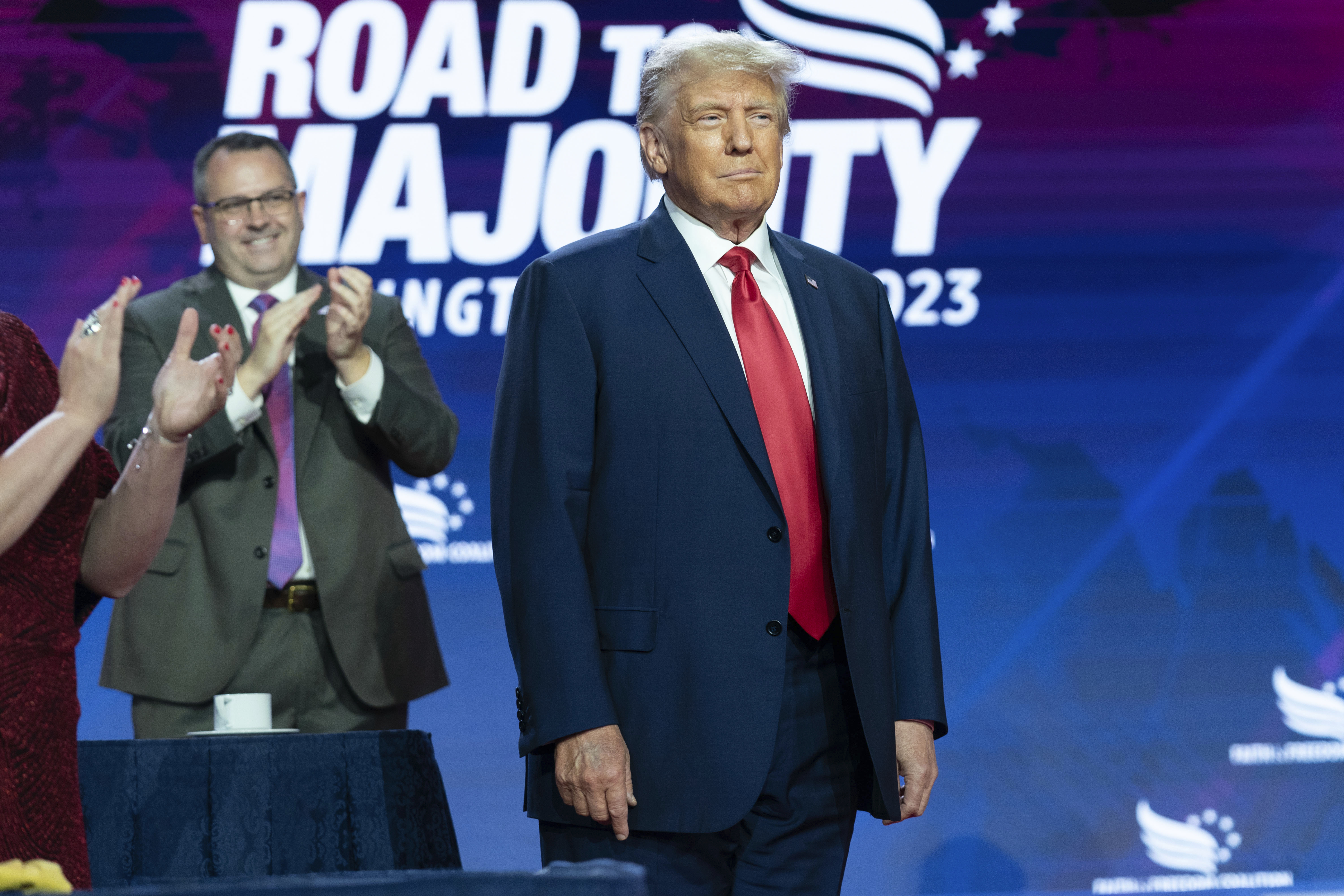 Former President Donald Trump arrives to speak during the Faith & Freedom Coalition Policy Conference in Washington, Saturday, June 24, 2023. (AP Photo/Jose Luis Magana)